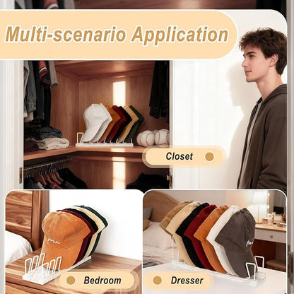 Hat Organizer for Baseball Caps - 14 Caps Organizer & Holder, Anti-Tip Metal Hat Rack & Display Stand, Quick-Install Hat Storage for Closet, Bedroom, Vanity (White wood grain，2 pack)