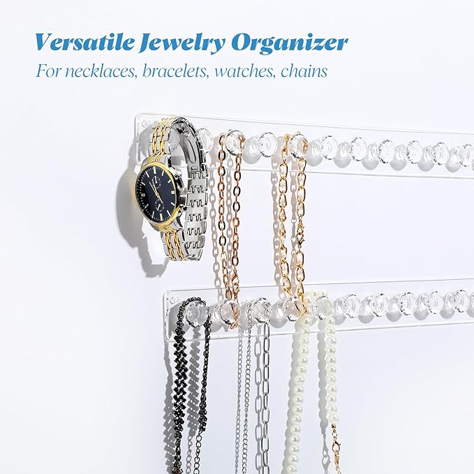 4-Pack Acrylic Necklace Holder, Necklace Hanger Wall Mount, Diamond Shape Jewelry Organizer with 12 Hooks for Necklaces, Bracelets, Chains - Clear Crystal Display Rack for Women
