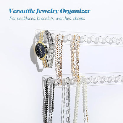 4-Pack Acrylic Necklace Holder, Necklace Hanger Wall Mount, Diamond Shape Jewelry Organizer with 12 Hooks for Necklaces, Bracelets, Chains - Clear Crystal Display Rack for Women