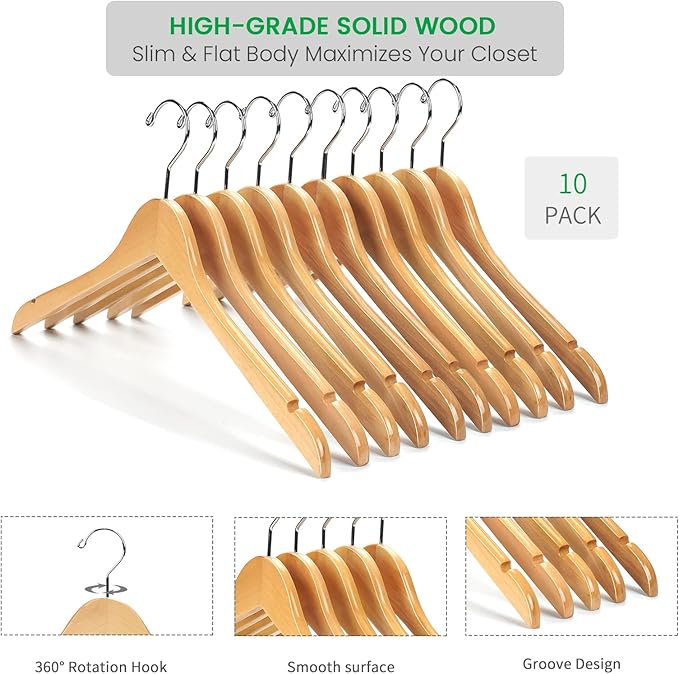 Nature Smile Solid Gugertree Wood Shirt and Dress Hangers with Notches with Anti-Rust Chrome Hook Pack of 10 (Natural)