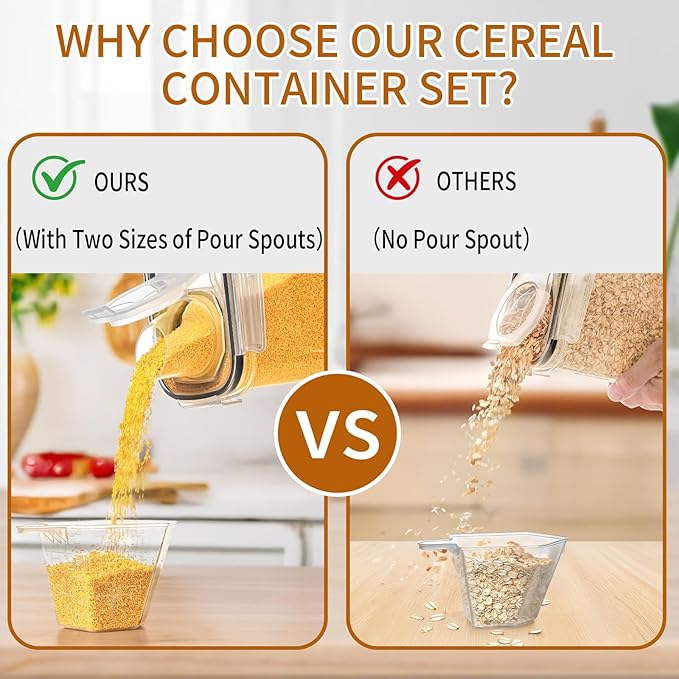 HKJ Chef Cereal Containers Storage Set (4L / 135.2oz), 6PCS Airtight Food Storage Containers with Lids, Cereal Dispensers for kitchen Pantry Organizers and Storage with Pour Spout, 20 Labels, Marker