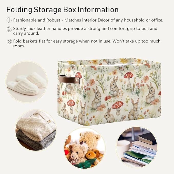 Easter Mushroom Bunny Rectangular Storage Basket Organizer Bin Shelf Baskets For Clothes Gifts For Home Office Dorm