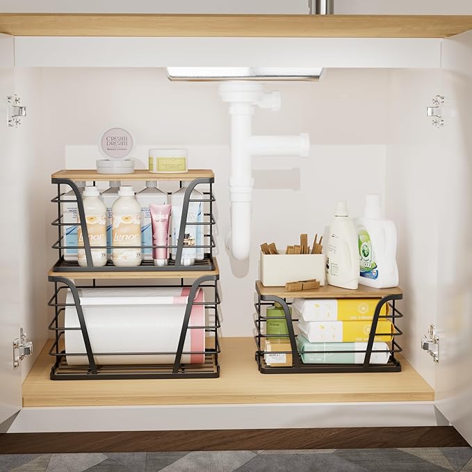 TIDIIABODE 3 Pack Stackable Pantry Organizer, Trash Bag Dispenser Under Sink, Kitchen Organization and Storage, Kitchen Counter Organizer, Black
