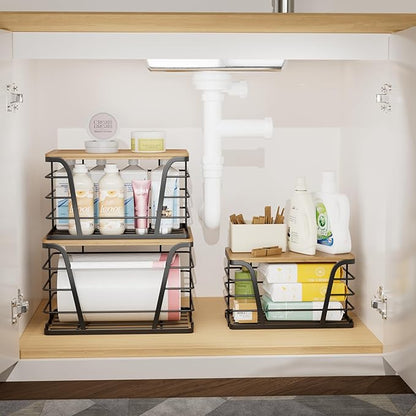 TIDIIABODE 3 Pack Stackable Pantry Organizer, Trash Bag Dispenser Under Sink, Kitchen Organization and Storage, Kitchen Counter Organizer, Black