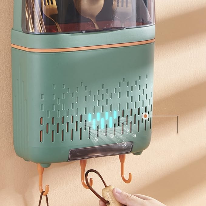 Chopstick Container, Kitchen Cutlery Drainer, Hanging Kitchen Utensil Holder, Waterproof Chopstick Storage Rack, Rustproof Compartmental Storage Cutlery Drainer with Cover for(Coloured Glaze Green)