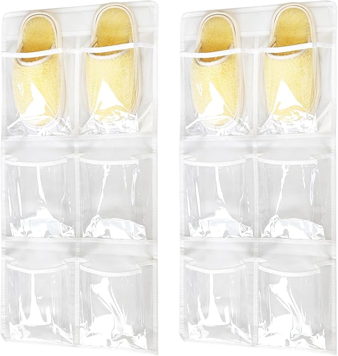 2 Pack 6 Clear Crystal Pockets Large Hanging Shoe Organizer Over The Door Shoe Rack for Closet Door Storage Shoe Holder Hanger, 4 Hooks, White (30'' x 13.8'')