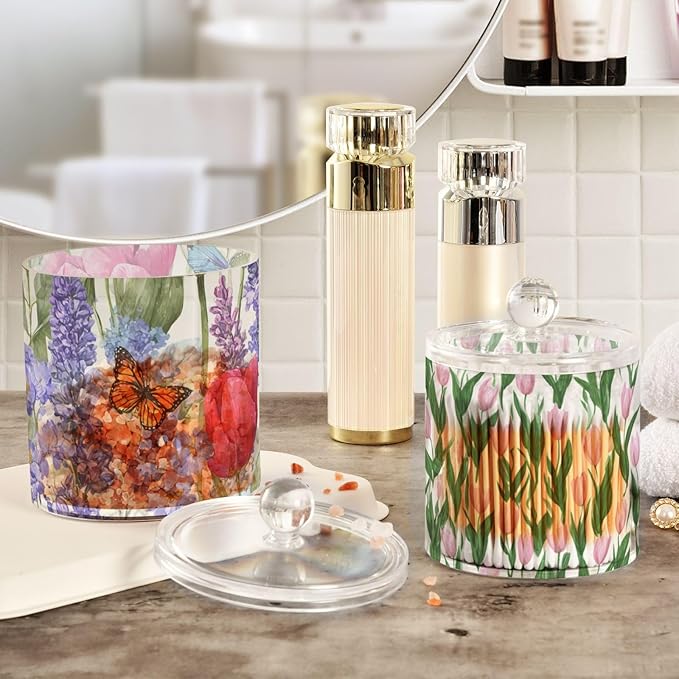 2 Pack Qtip Dispenser Apothecary Jars with Lids Cotton Round Holder Bathroom Canisters for Cotton Swab Floss Ball Pads Clear Plastic Decorative Tulips Lavenders Purple Butterfly