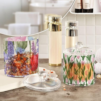 2 Pack Qtip Dispenser Apothecary Jars with Lids Cotton Round Holder Bathroom Canisters for Cotton Swab Floss Ball Pads Clear Plastic Decorative Tulips Lavenders Purple Butterfly