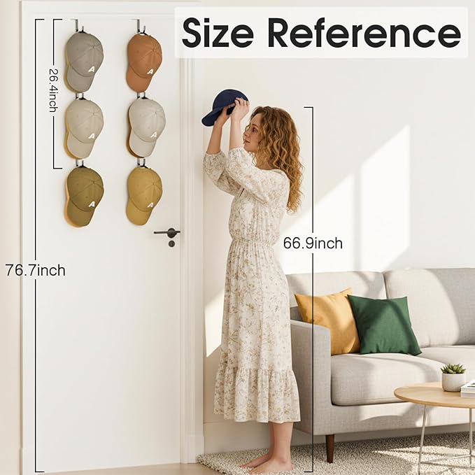 Over Door Hat Organizer,2 Pack Hat Rack with 6 Hooks and 4 Anti-Shake Adhesive Pads,Baseball Hat Organizer Holds Up to 30 Hats, Hat Storage for Door, Bedroom,Closet (Black)