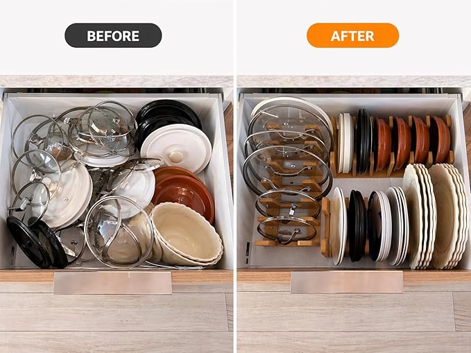 Piporea Natural Bamboo kitchen cabinet organizer – Multiuse lid organizers inside cabinet for cookware, bakeware & cutting boards – Durable pot and pan organizer for under cabinet