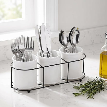 Bekith 3-Piece Ceramic Silverware Caddy with Metal Rack, Utensil Holder Flatware Caddy Cutlery Storage Organizer for Kitchen Table, Cabinet or Pantry