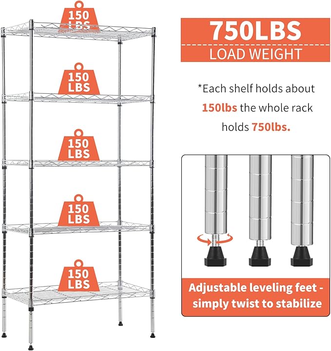 5-Tier Shelving Unit Adjustable Metal Shelves 48" H Storage Rack Wire Shelf for Pantry Kitchen Closet Organization Space Saving, 750LB Capacity, 21.5D x 11.6W x 47.6H, Chrome