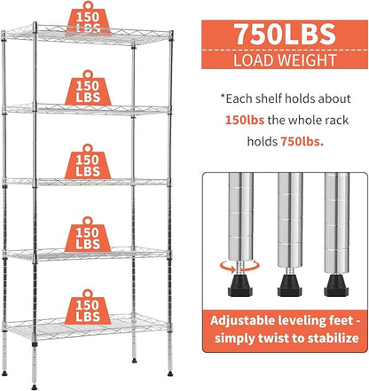 5-Tier Shelving Unit Adjustable Metal Shelves 48" H Storage Rack Wire Shelf for Pantry Kitchen Closet Organization Space Saving, 750LB Capacity, 21.5D x 11.6W x 47.6H, Chrome