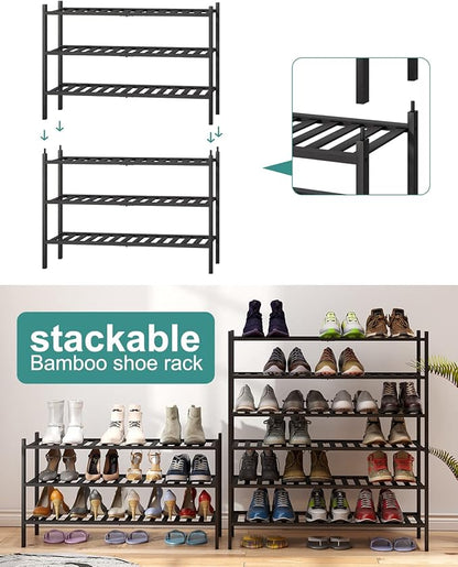 viewcare 3-Tier Long Black Shoe Rack, Bamboo Wood Shoe Rack for Closet, Entryway & Hallway, Stackable | Functional | Sturdy