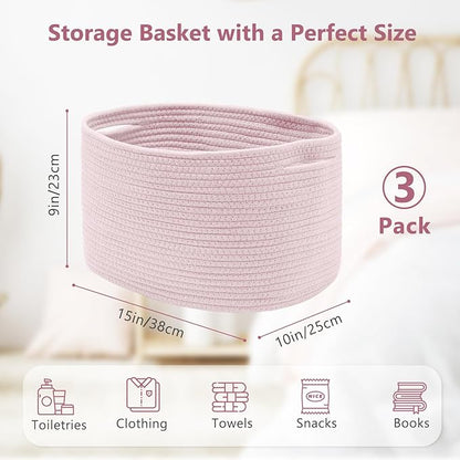 ECDYQXVU Cotton Rope Storage Basket, 15x10x9 Inches, Woven Basket for Shelves, Clothes, Towels, Books, and Laundry, Light Pink (3 Pack)