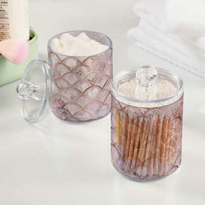 ALAZA 2 Pack Qtip Holder Dispenser Rose Gold Mermaid Pink Marble Bathroom Organizer Canisters for Cotton Balls/Swabs/Pads/Floss,Plastic Apothecary Jars for Vanity