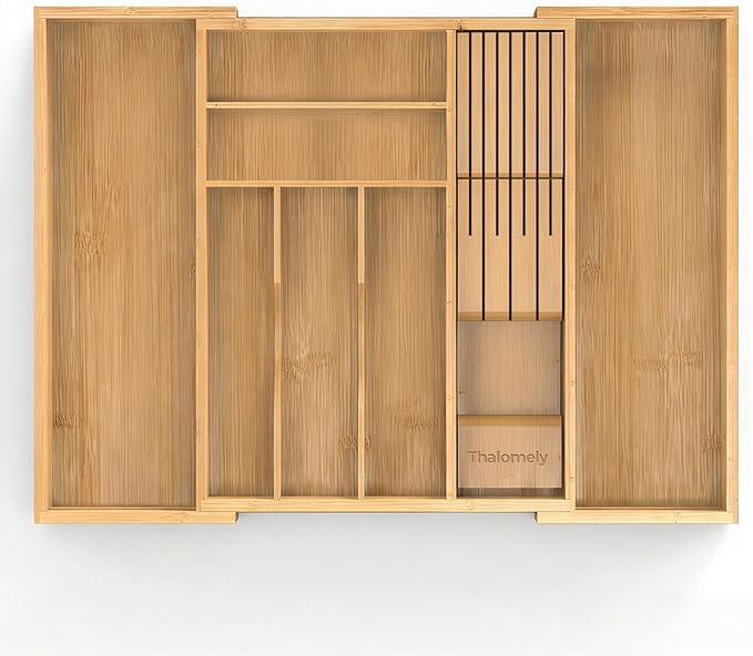Bamboo Kitchen Drawer Organizer, Expandable Silverware Organizer with Removable Knife Block, 6-8 Slots- Utensil Holder & Cutlery Tray Drawer Dividers, 2.36" Deep for Extra Capacity, Natural