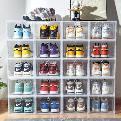 6-Pack Clear Shoe Box Containers with Air Ventilation & Magnetic Door | Stackable, Durable, Transparent Storage for Sneakers, Heels, Boots, Bags & Fits up to Maximum Size of US12 (White)