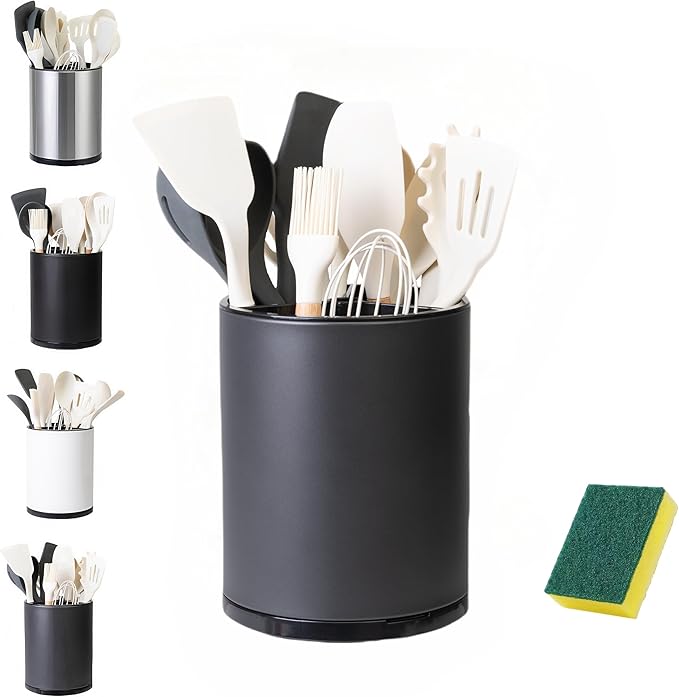LIBODOUR Utensil Holder,Large 360°Rotating Kitchen Utensil Holder For Counter,Cooking Silverware Organizer Stainless Steel Caddy Flatware Spoon Spatula Tool Cutlery Container