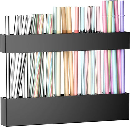 9.5 Inch Cabinet Door Acrylic Straw Holder with Double-Sided Tape, Kitchen Countertop Cabinet Storage Box Organizer for Straws (Black)