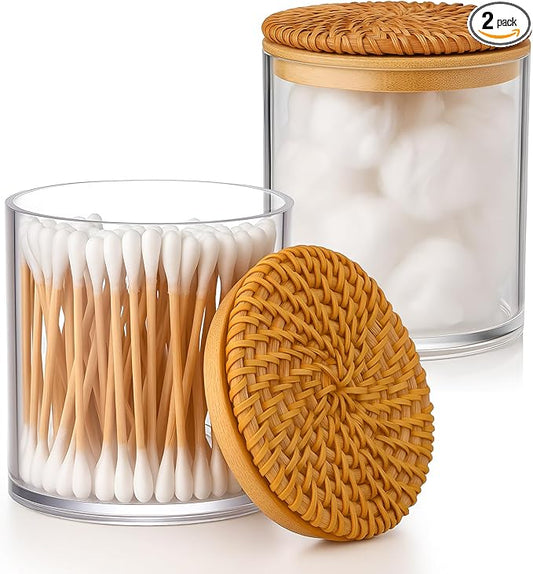 2 Pack Cotton Ball Holder Cotton Pad Holder with Rattan Lids Bathroom Container 10 oz Clear Plastic Apothecary Jar Containers Vanity Canisters Jars Accessories Set for Floss