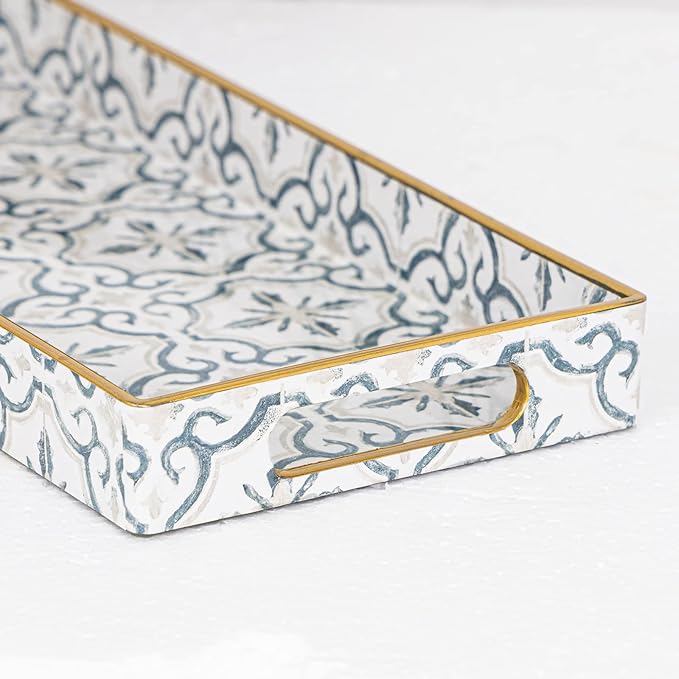 MAONAME White Decorative Tray, Plastic Serving Tray with Handles, Rectangular Moroccan Trays, Long Narrow Trays for Bathroom, Kitchen Counter, 13.8" X 6" X 1.57"