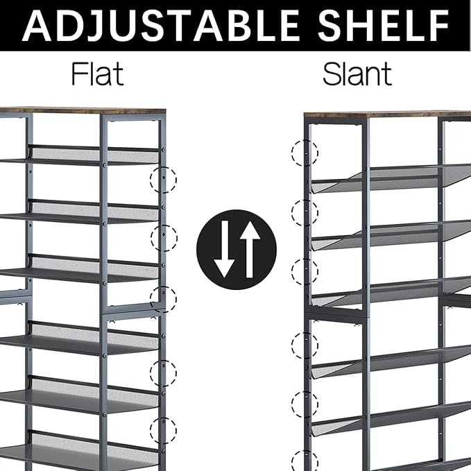 Garden 4 you Shoe Rack for Entryway 7 Tiers 11.8" D x 29" W x 52" H, Metal Shoe Rocks with Brown Wooden Tabletop, Angled Shoes Rack with Adjustable Mesh Shelves for Entryway Hallway Closet