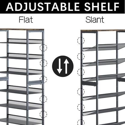 Garden 4 you Shoe Rack for Entryway 7 Tiers 11.8" D x 29" W x 52" H, Metal Shoe Rocks with Brown Wooden Tabletop, Angled Shoes Rack with Adjustable Mesh Shelves for Entryway Hallway Closet
