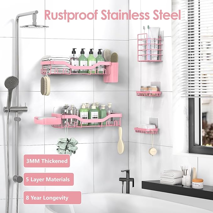 NESOMI Shower Caddy Adhesive Shower Organizer 7-Pack, Rustproof Stainless Steel Bathroom Shelves, Large Capacity No-Drill Rack Storage Accessories with Soap Dish Toothbrush Holder Hooks