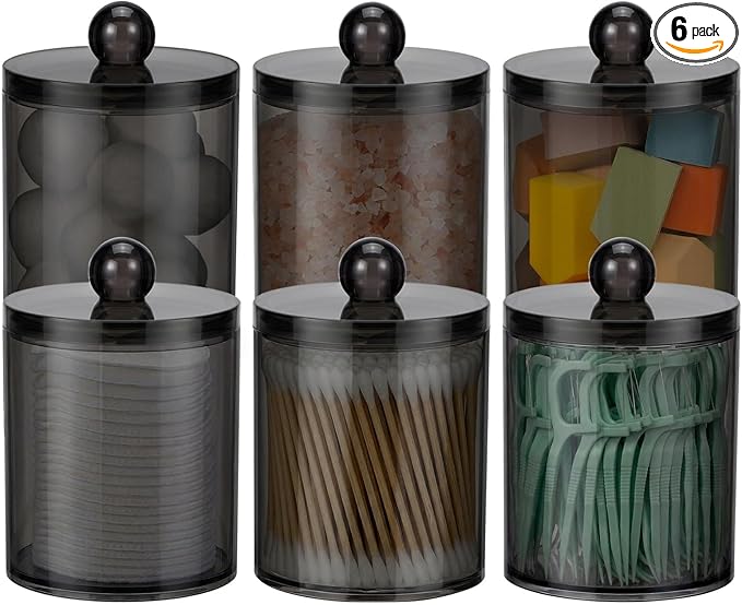 6 Pack Acrylic Qtip Holder Dispenser for Cotton Swabs, Balls, Pads, Floss Picks- Clear Plastic Canister Apothecary Jar Set, Bathroom Essentials Accessories Decor Vanity Makeup Storage Organizer -Black