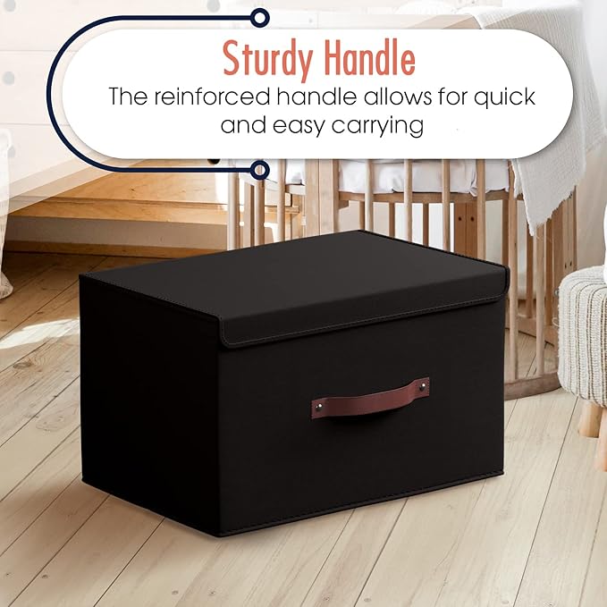 Ornavo Home 3 Pack Collapsible Storage Bins with Lid, Foldable Linen Fabric Shelf Storage Basket Closet Organizer and Large Storage Box for Clothes with Leather Handles, 16.5 x 11.8 x 7.5, Black