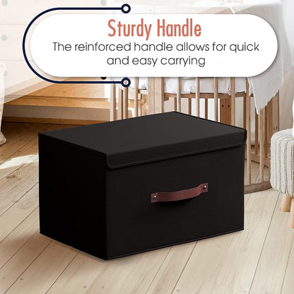 Ornavo Home 3 Pack Collapsible Storage Bins with Lid, Foldable Linen Fabric Shelf Storage Basket Closet Organizer and Large Storage Box for Clothes with Leather Handles, 16.5 x 11.8 x 7.5, Black