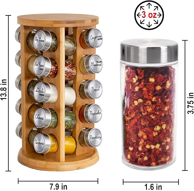 Orii 20 Jar Rotating Bamboo Spice Rack with Spices Included & 5-Year Free Spice Refill Program – Revolving Countertop Spice Rack with Glass Jars