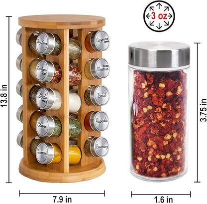 Orii 20 Jar Rotating Bamboo Spice Rack with Spices Included & 5-Year Free Spice Refill Program – Revolving Countertop Spice Rack with Glass Jars