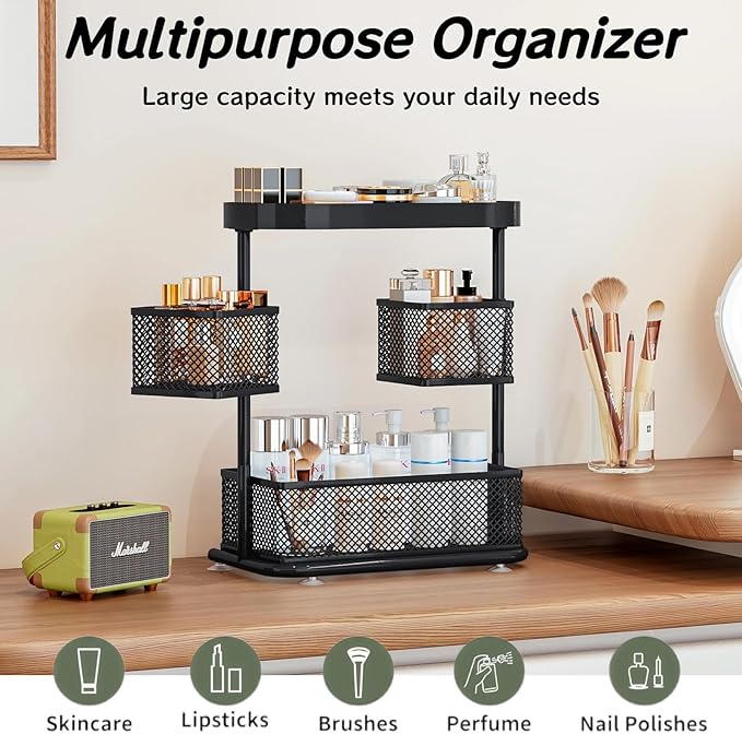 Bathroom Counter Organizer 3 Tier Rotating Cosmetic Holder Standing Shelf Vanity Bedroom Storage Cabinet Bathroom Tray for Countertop Storage Kitchen Spice Rack (Black, 3Tiers)