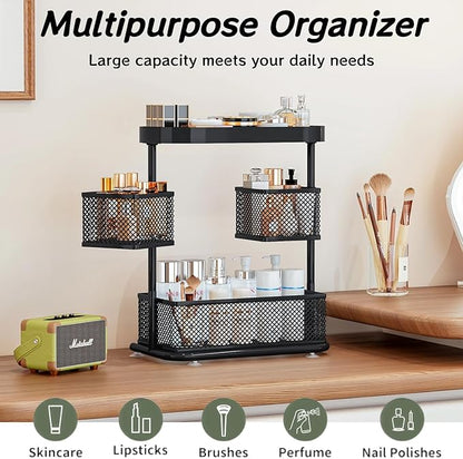 Bathroom Counter Organizer 3 Tier Rotating Cosmetic Holder Standing Shelf Vanity Bedroom Storage Cabinet Bathroom Tray for Countertop Storage Kitchen Spice Rack (Black, 3Tiers)
