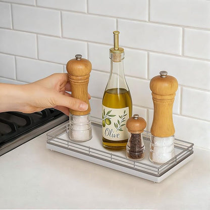 Bathroom Vanity Tray for Countertop, 12" x 6" Oak Wood Toilet Tank Tray with Metal Guardrail, Bathroom Organizer for Soap, Perfume & Skincare, Non-Slip Decorative Tray for Dresser, Sliver & White