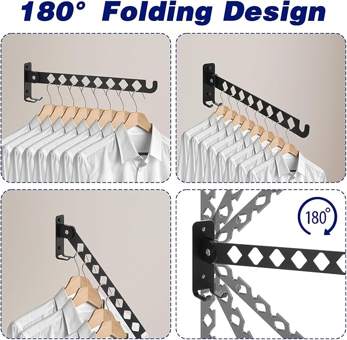 Kifmurase 2Pcs Wall Mount Coat Hanger, Black Clothes Drying Organizer Rack, Retractable Folding Indoor Wall Mounted Holder, Closet Storage Organizer for Laundry Room Bedroom with 40cm Rod
