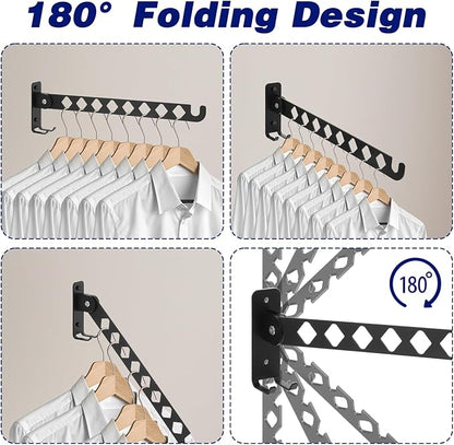 Kifmurase 2Pcs Wall Mount Coat Hanger, Black Clothes Drying Organizer Rack, Retractable Folding Indoor Wall Mounted Holder, Closet Storage Organizer for Laundry Room Bedroom with 40cm Rod
