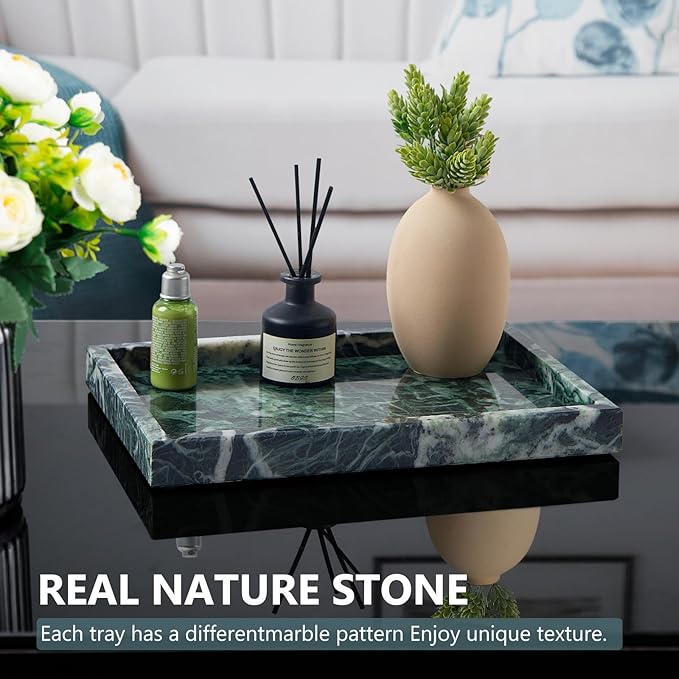 Real Natural Marble Tray for Bathroom, Vanity, Kitchen and Desktop, Rectangle Genuine Marble Stone Tray for Jewelry, Cosmetics, Candles, Lotion, Perfume (Snowflake-Green, 12" x 8" x 1.2")
