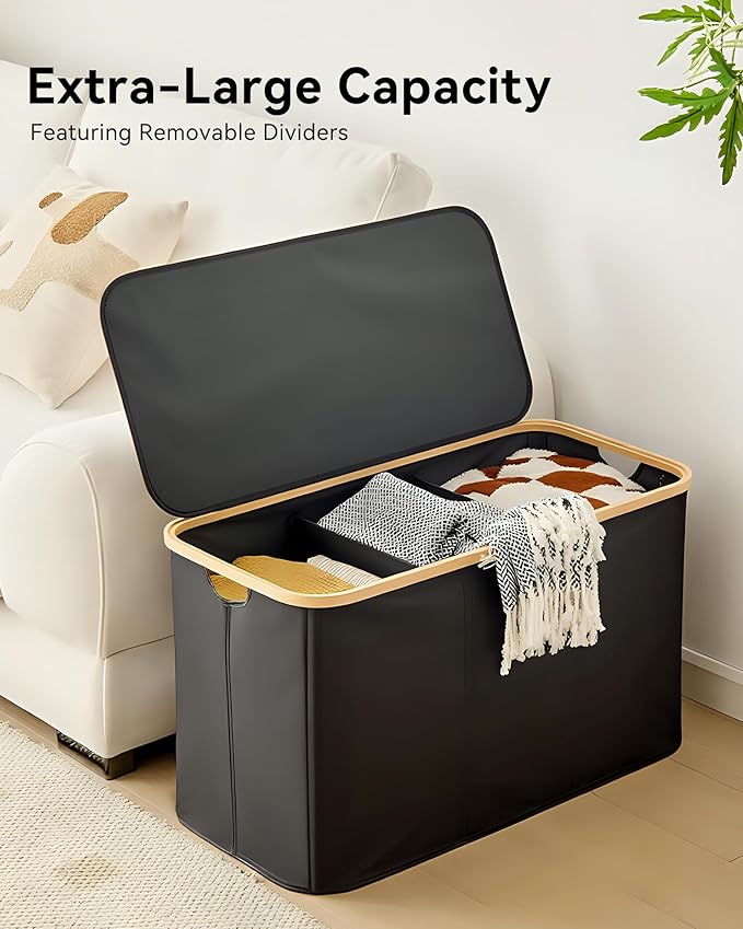 Storage Basket with Lid and Handles, 135L Fabric Bin with Divider for Shelf, Closet, Toy Organization, Collapsible Storage Organizer for Home, Black