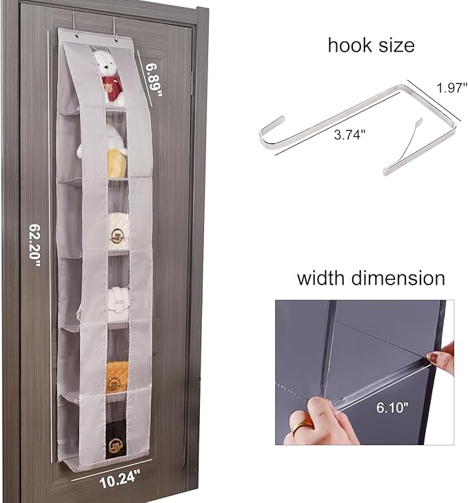 Over The Door Purse Organizer, 6-Pocket Hanging Storage for Handbags, 62.2x10.24 Inch, Space-Saving Closet Organizer with Metal Hooks, Gray (Gray)