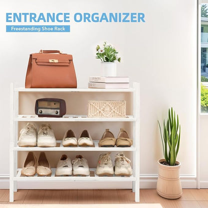 4 Tier Bamboo Shoe Rack Storage Organizer for Closet, Multifunctional Stackable Free Standing Shoe Shelf Organizer for Small Space,Entryway, Hallway, Bathroom27 x11 x26(White, 4 Tier)