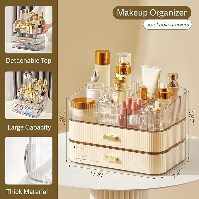 Makeup Organizer with Stackable Drawers, Bathroom Countertop Vanity Organizers and Storage, Ideal for Desk and Dresser, Great for Cosmetics, skin Care, Lipsticks, Nail Care -Cream White