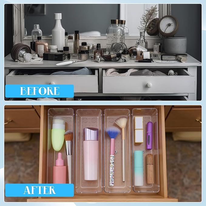 18 Pcs Clear Plastic Drawer Organizer 9 x 3 x 2 Inches Kitchen Bathroom Fridge Utensil Vanity Drawer Organizers Tray Makeup Storage Organizer Drawers Trays for Organization Office
