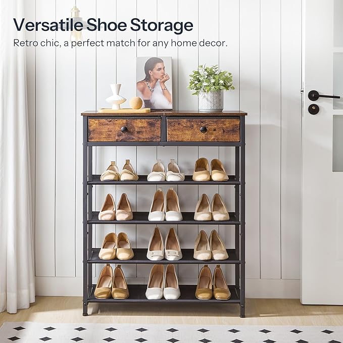 HOOBRO Shoe Rack, 5 Tier Shoe Storage Organizer with 2 Non-Woven Drawers, 12-16 Pairs of Shoes for Entryway, Shoe Shelf with 4 Oxford Fabric Shelves and Wooden Top, Closet, Rustic Brown BF78XJ01