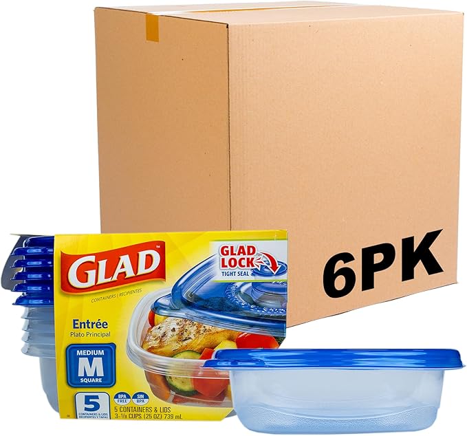Glad GladWare Entree Food Storage Containers with Lids, Medium Square BPA Free Plastic for Meal Prep and Lunches, Lock Tight Seal, Microwave and Dishwasher Safe, 25 Oz, 5 Count - 6 Pack