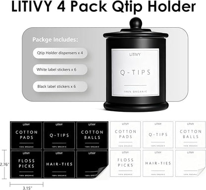 LITIVY 4 Pack Bathroom Organizers and Storage - 16 Oz Glass Qtip Holder & Cotton Pad Dispenser with Lid, Apothecary Jars for Home, Room Decor, Kitchen Organizer (Black)