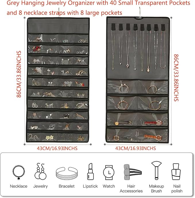 2 Pack Dual-Sided Hanging Jewelry Organizer with 128 Pockets & 8 Necklace Hooks, Wall Closet Door Jewelry Holder for Earrings, Bracelets, Necklaces Display Storage