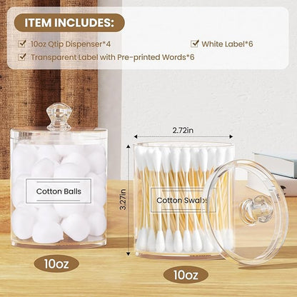 MateeyLife Small Bathroom Storage Organizer 4 Pack, Acrylic Makeup Organizers for Vanity, Clear Bathroom Vanity Organizer 10oz Q tip Holder, Bathroom Organizers and Storage Set (Clear)